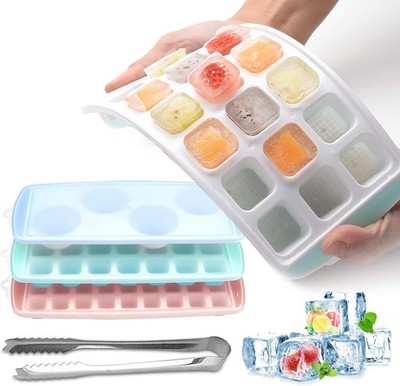 Ice Cube Trays 3 Pack, Easy Release Silicone Ice Cube Tray with Lid, Stackable S