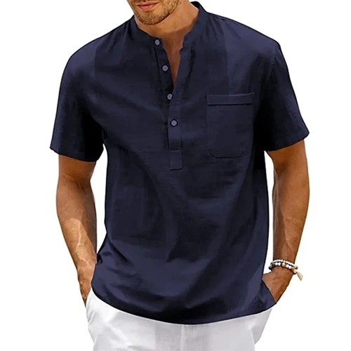 Cotton Linen Shirt Men Henley Neck Pocket Casual Beach Short Sleeve Solid Color - Picture 2 of 21