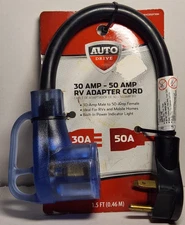 Auto Drive 30 Amp Male to 50 Amp Female 1.5' Adapter Cord RVs, Mobile Homes *NOS