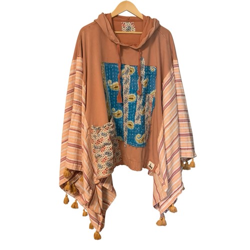 Upcycled Boho Poncho Plus Size Gypsy Hippie Festival Kantha Tassel Fringe Hood - Picture 1 of 17
