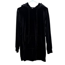 Black Velvet Hoodie Dress Longline Tunic Y2K Grunge Goth Streetwear Size M/L