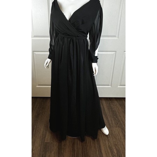 POMUYOO Black V Neck Long Sleeve Wrap Empire Waist Maxi Dress Formal Gown 49-36 - Picture 2 of 16