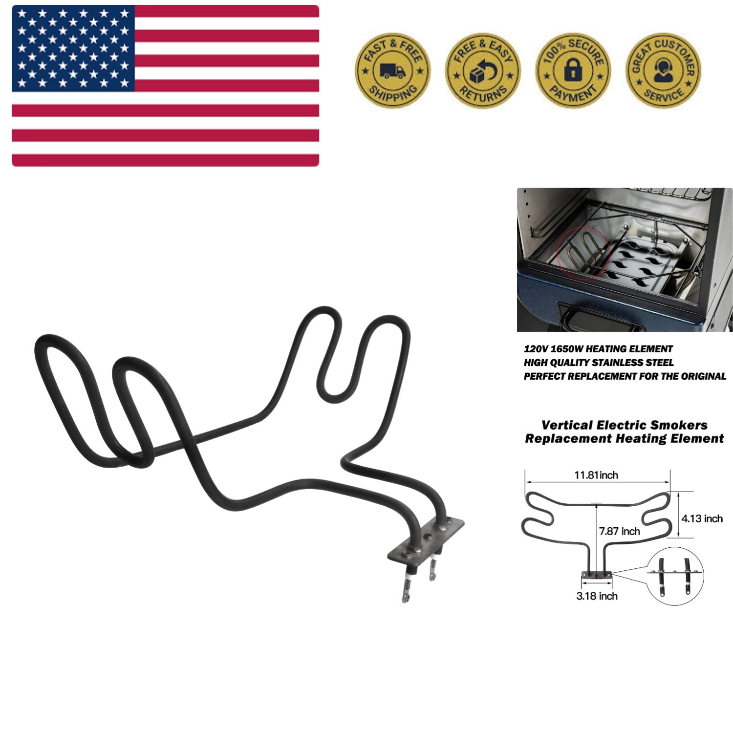 Replacement 1650W Heating Element for Pit Boss Electric Smok