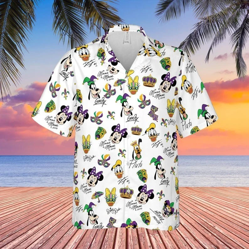 Disney Mickey and Friends Signatures Mardi Gras Hawaiian Shirt, Size S-5XL