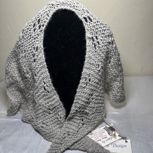 Light Grey Shawl Wrap Scarf 100% Alpaca Hand Knit Granny Core - Picture 6 of 7