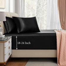 3pcs Queen Black Extra Deep Pocket Satin Fitted Sheet Set