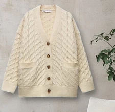 NWTZARA  WOOL BLEND CABLE KNIT FRONT POCKETS CARDIGAN