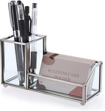 Hipiwe Glass Business Card Holder Metal Pen Pencil Storage for Silvery 