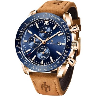 Men's Aknight 45mm Big Face Blue & Gold Watch w/ Leather Strap