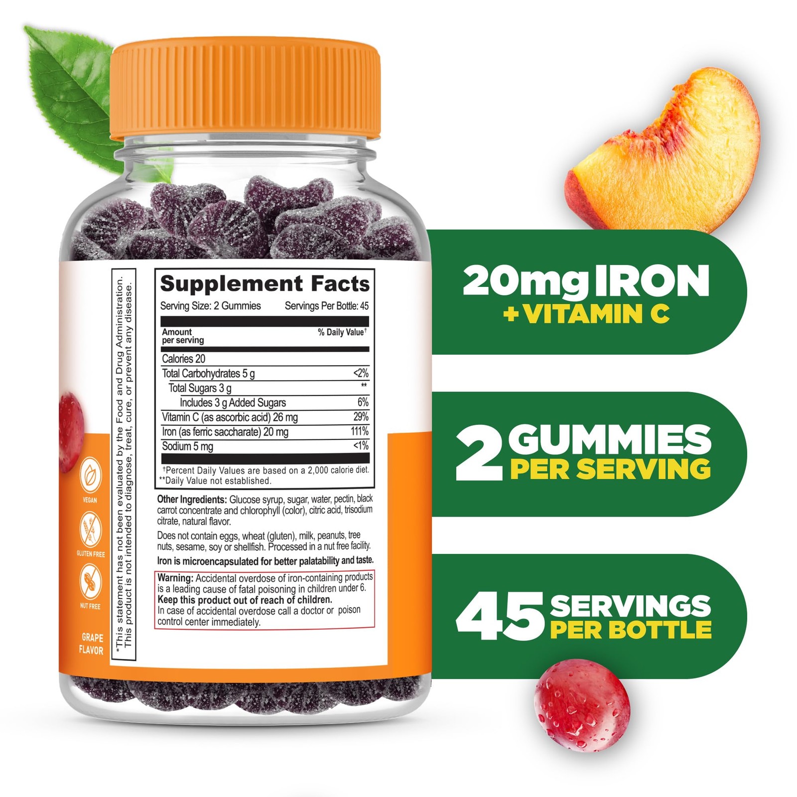 Iron Gummies | 20mg | with Vitamin C | Great Tasting Blood Builder Iron Suppl...