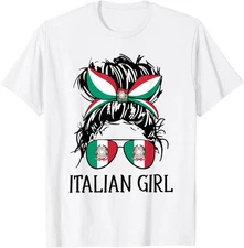 Italy Flag Coat of Arm Italian Girl Messy Bun Hair Women T-Shirt