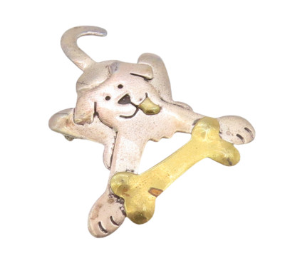 925 Sterling Silver Vintage Brooch Pin FAR FETCHED Dog Chasing Bone BP11200