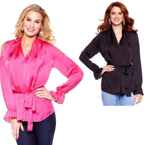 Hot in Hollywood Drapey Camicetta con spalle fredde 233101-J (M, 2X) - Foto 1 di 3