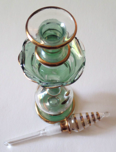Vintage Empty Clear Green & Gold Glass Perfume Bottle & Glass Stopper - Picture 6 of 9