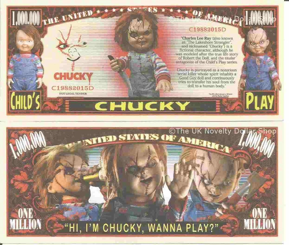 Chucky Childs Play Charles Lee Ray Million Dollar Bills x 2 Horror Film Doll