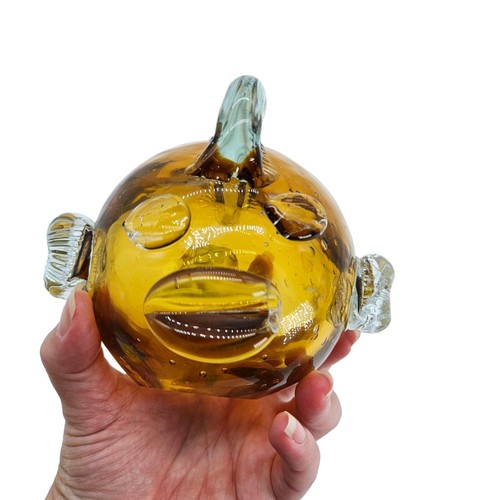 MURANO STYLE ART GLASS AMBER 6" PUFFER FISH SCULPTURE PAPERWEIGHT HAND BLOWN - Picture 4 of 12