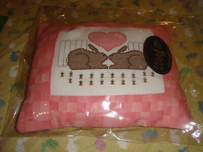 Completed Cross Stitch W/Stitch A Gift Pillow Sham Bunnies Kissing W/ Pink Heart