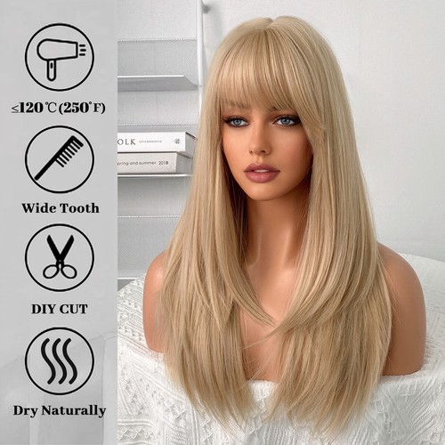 Women Blonde Synthetic Hair Dress Up Wigs With Bangs Long Straight - Picture 5 of 8