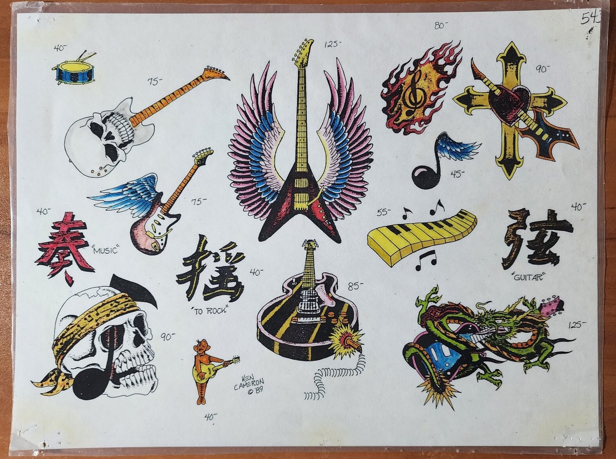 ORIGINAL Vintage 89 Ken Cameron Shop Used Tattoo Flash Sheet HAND