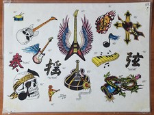 ORIGINAL Vintage 89 Ken Cameron Shop Used Tattoo Flash Sheet HAND PAINTED Music