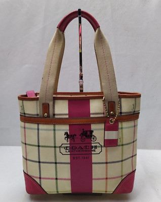 Coach Plaid Heritage Multicolor Leather Double Handles Tote Shoudler Bag
