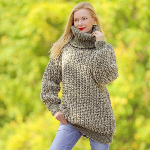 Green beige wool sweater itchy jumper organic wool pullover SuperTanya XL-XXL - Picture 1 of 7