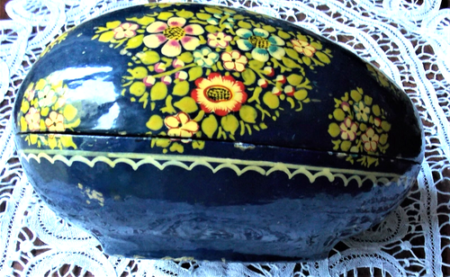 BOITE DE COLLECTION PEINTE ARTISANAT DU CACHEMEERE OEUF BLEU FLEURI - Picture 4 of 5