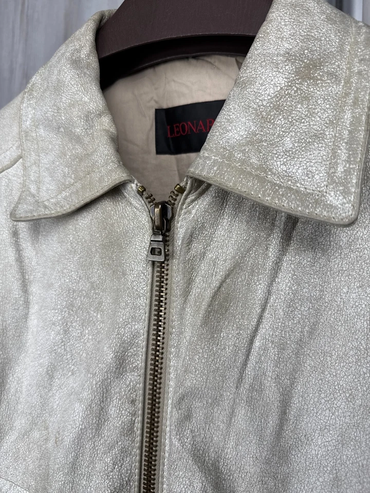 Leonardo White faded leather biker jacket vintage size 50 - Image 4 of 4