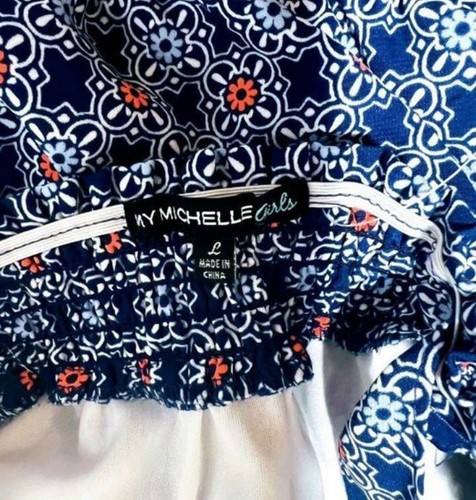 My Michelle Girls Romper Cold Shoulder Blue Patterned Elastic Waist Tie Belt L - Picture 4 of 4
