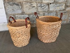 Pair of Large Woven Wicker Willow Storage Baskets with Leather Handles