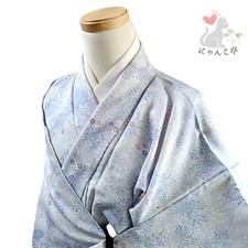 Nyankotei Kimono Blue Purple Synthetic Fiber Small Pattern Used Japan