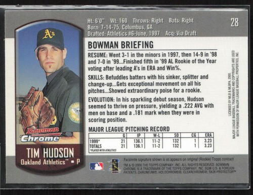 Tim Hudson 2000 Bowman cromo #28 Oakland Athletics - Imagen 2 de 2