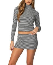 edikted 2-Piece Knit Striped Ribbed Turtleneck Top  Mini Skirt Set S Gray/Black