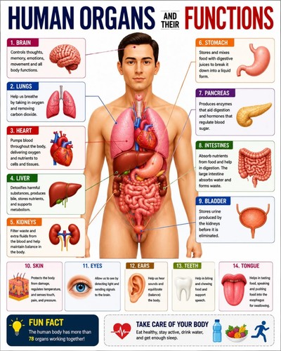 Human Organs and Their Functions Educational Anatomy Chart Poster