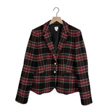 J. Crew Stewart Tartan Wool Blend Schoolboy Blazer Black Red Sz 14 Preppy