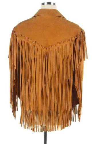 Men Real Beige Suede Leather Jacket Native American Fringes Cowboy Coat - Picture 2 of 6