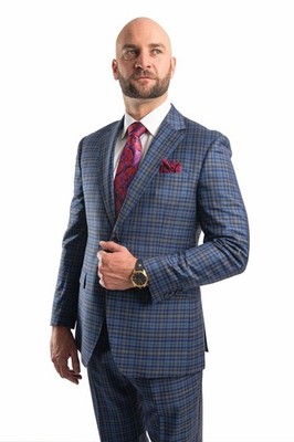 Berragamo Blue Plaid 2-Piece Suit 100% Wool Super 150 Classic Fit Italian Formal
