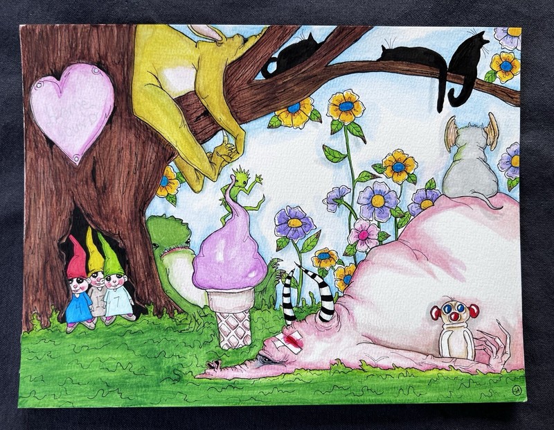 ORIGINAL FANTASY Cats, Monsters “Among Friends” Julie McDaniel 2025 NOT AN ACEO