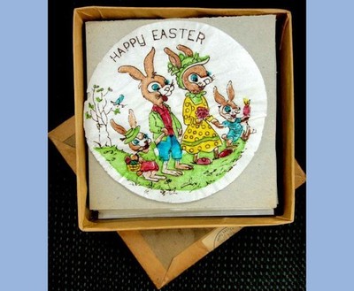 vintage 14pc EASTER BUNNY rabbit bakery EDIBLE WAFER CAKE TOPPERS w BOX icing