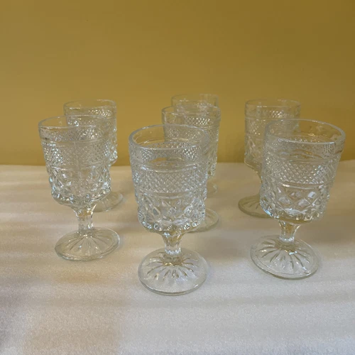 Set 7 Goblets Water Wine Vintage Anchor Hocking Glasses 5 3/8" Wexford Cut Glass