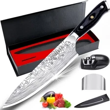 8" Professional Chef's Knife, German Steel, Finger Guard, Sharpener, Gift Box