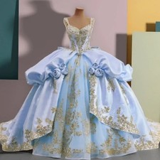 Sky Blue Quinceanera Dresses Ball Gown Applique Lace Beading Bow Tull Sweet 16