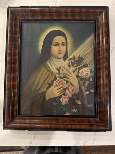 Antique St. Therese of Lisieux Lithograph Beautiful Wooden Frame