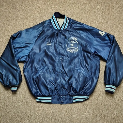 Vintage BUTWIN Jacket Men XL Blue 1987 Softball League Satin Button Up 80s video thumbnail