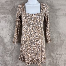Free People Dress Womens Size 2 Beige Floral Long Sleeve Boho Ruffle Hem