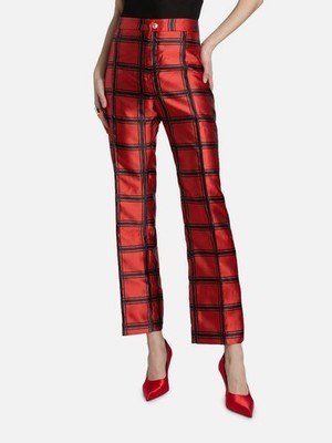 Lisou Women's Red Hetty Satin Cotton Silk Check High-Rise Trouser Pants Size 8