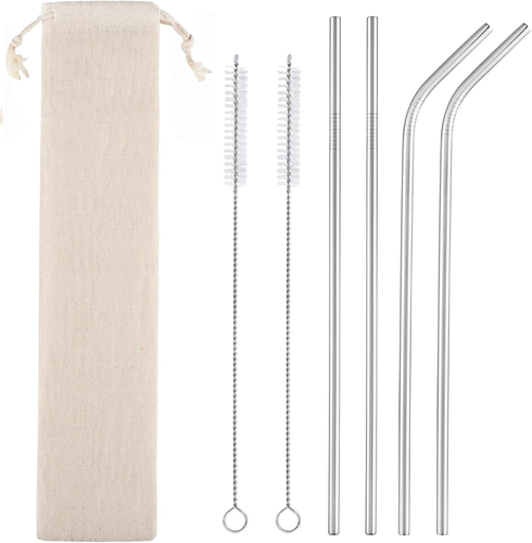 Set of 4 Reusable Metal Straws, Long Stainless Steel Straw with Cleaning Brushes - Picture 8 of 12