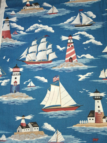 Trapunta fodera nautica fari nave barca a vela mare tessuto cotone classico 1/2 yd - Foto 1 di 3