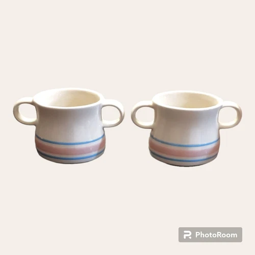 McCoy Soup Mug Blue Pink Stripe Pottery #7109 2 Handled Set Of 2 Stone Craft VTG