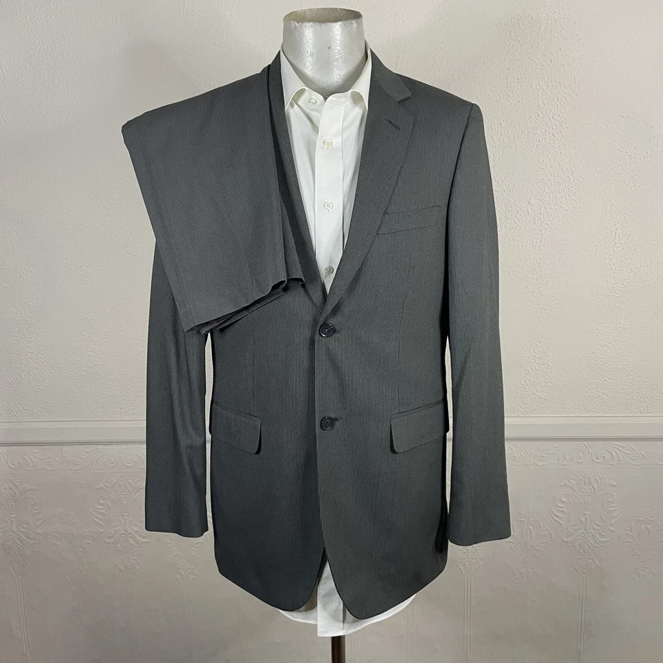 J Ferrar 2 Piece Suit Mens 38L 32x31 Gray Pinstripe Flat Front Polyester Blend - Image 3 of 4